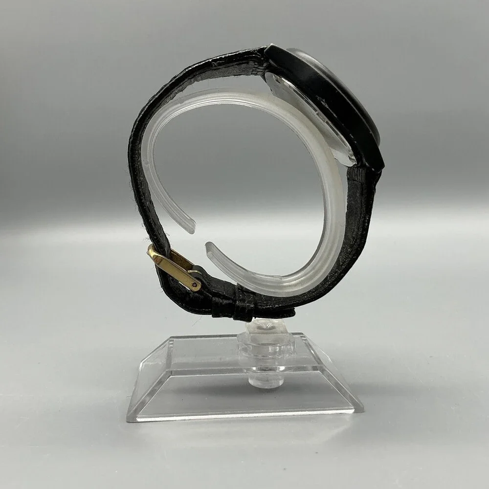 Vintage Lorus V143-7040 Mens Watch 33mm Black Dial Leather Day Date New Battery